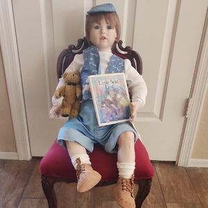 Blue Vintage-Style Boy Doll with Teddy and Book